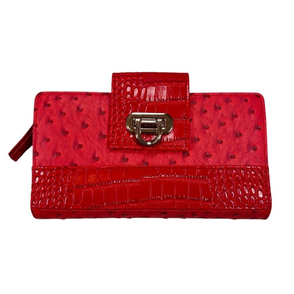 Buxton Red Vegan Leather Wallet Embossed Croc Ostrich Buckle Clasp Silver